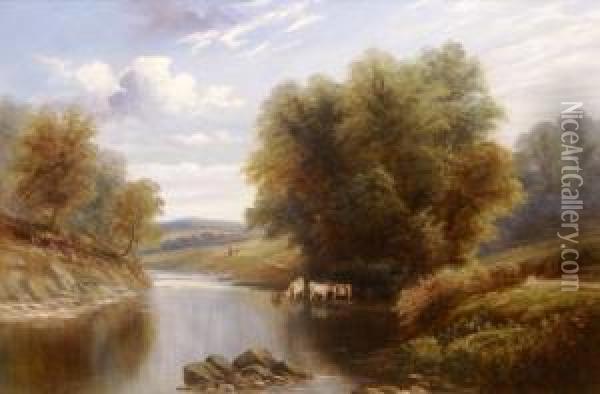 Riverscape With Cattle Watering Oil Painting - John Mellor