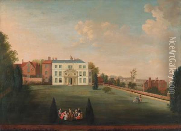 A Country House With Figures Assembled On The Lawn, And A Village Beyond Oil Painting - William Tomkins