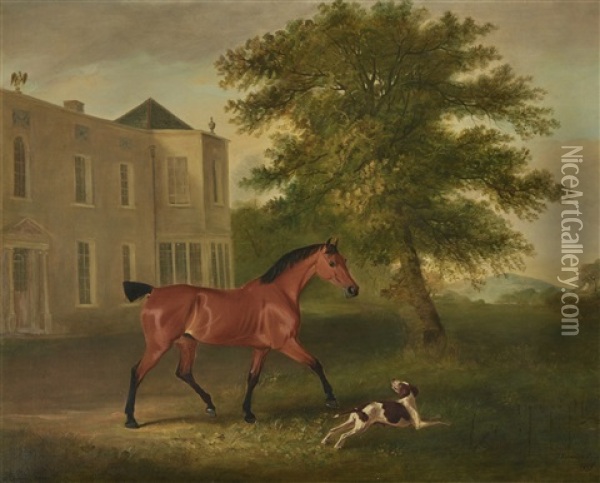 A Chestnut Horse And A Hound Outside Humewood Manor, Co. Wicklow Oil Painting - John E. Ferneley