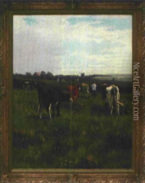 Kuhhirte Mit Seinen Kuhen In Weiter Landschaft, Mit Blick Auf Windmuhle Und Gehoft Oil Painting - William Frederick Hulk