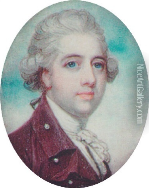 A Gentleman With Powdered Hair En Queue Wearing A Plum Coloured Coat With Pearl Buttons And A White Waistcoat Oil Painting - Richard Cosway