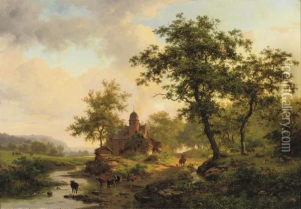 Cattle Drinking From A Stream In A Summer Landscape Oil Painting - Frederik Marianus Kruseman