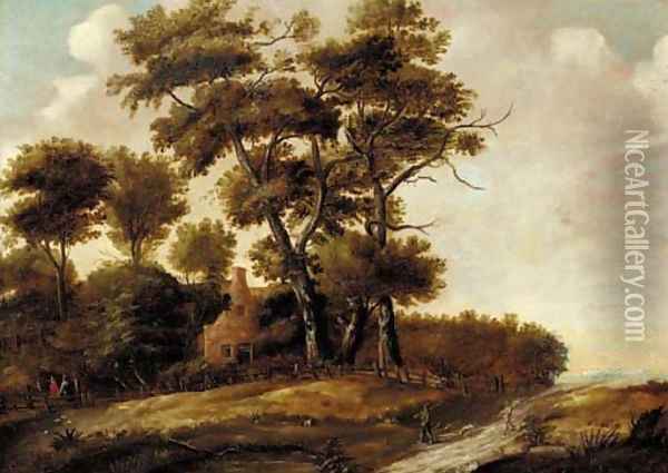 A wooded landscape with hunters and their dogs on a path, a house beyond Oil Painting - Claes Jansz. Van Der Willigen
