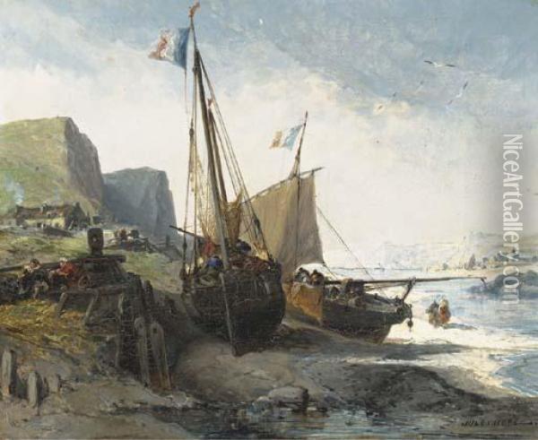 Dutch Fishing Boats Moored On The Shore Oil Painting - Jules Achille-Noel