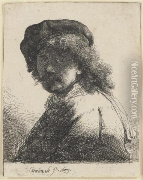 Self-portrait In A Cap And Scarf With The Face Dark: Bust (b., Holl. 17; H. 108) Oil Painting - Rembrandt Van Rijn