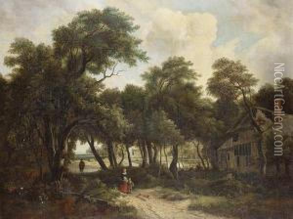A Wooded Landscape, With A Woman And Child On Path, A Horseman Beyond Oil Painting - Meindert Hobbema