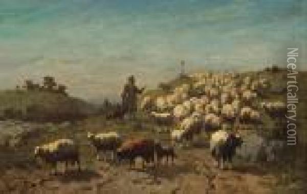 A Shepherd With His Flock Oil Painting - Louis Marie Dominique Romain Robbe