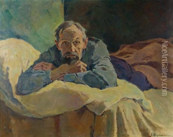 Auf Dem Bett Liegender Mann, Das Kinn Auf Die Hand Gestutzt (study) Oil Painting - Gustav Jagerspacher
