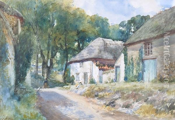 A Village Lane With Thatched Cottages Oil Painting - Charles James Fox