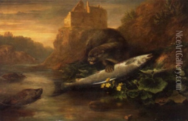 An Otter Defending Its Salmon Catch On A Riverbank With A Ruined Castle Behind Oil Painting - James William Giles
