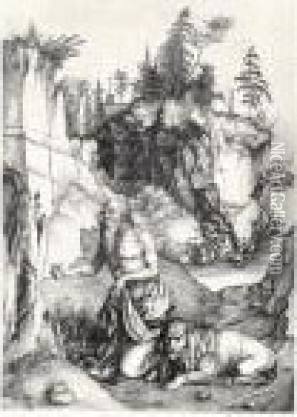 St Jerome In Penitence (b.61; M., Holl.57) Oil Painting - Albrecht Durer