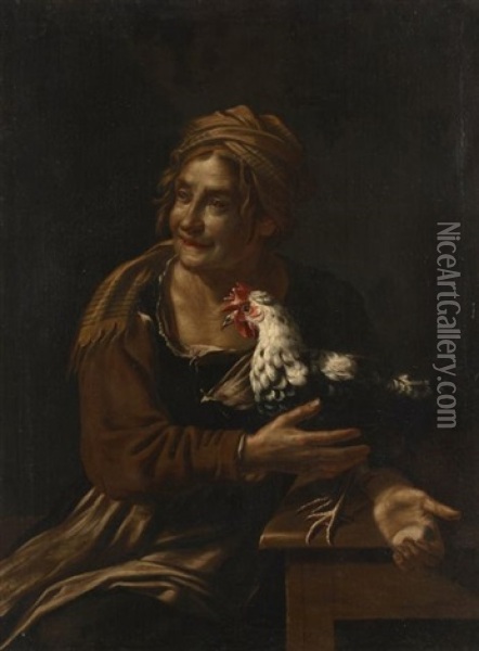 Femme Tenant Un Coq Oil Painting - Antonio Cifrondi