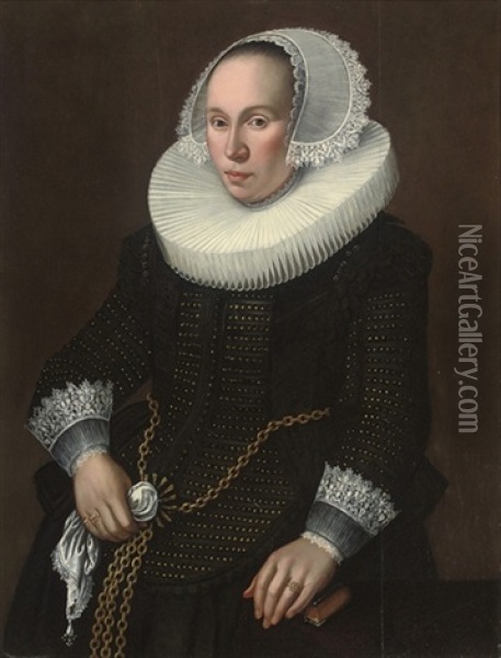 Portrait Of A Lady, In A Black Embroidered Dress Oil Painting - Michiel Janszoon van Mierevelt