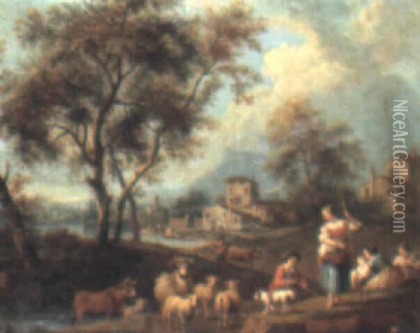 Landscape With Shepherds And Their Flock Oil Painting - Giovanni Battista Cimaroli