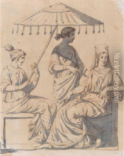 Three Women, Two Seated, One Holding An Elaborate Parasol, Another Standing Oil Painting - Jacques Louis David