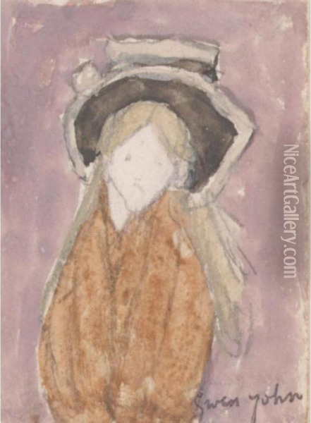 Little Girl With A Large Hat And Straw Coloured Hair Oil Painting - Gwendolen John