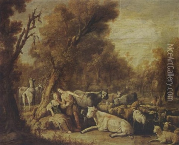 A Pastoral Landscape With An Amourous Couple And Their Flock Of Cows, Sheep And Goats Oil Painting - Cornelis Saftleven