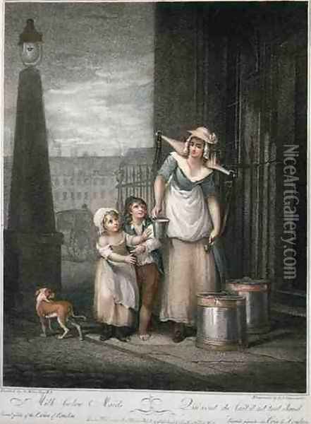 Milk below Maids, plate 2 of The Cries of London, engraved by Luigi Schiavonetti (1765-1810), pub. by Colnaghi & Co., 1793 Oil Painting - Francis Wheatley