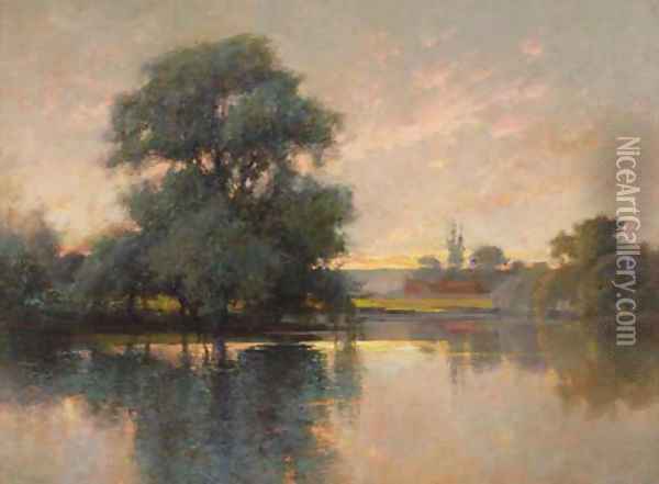 A river at sunset Oil Painting - John Finnie