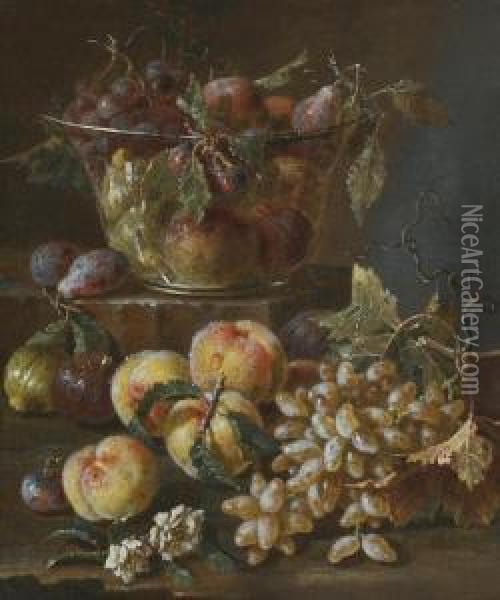 A Still Life With Peaches, Grapes, Plums And Flowers Oil Painting - Pietro Navarra