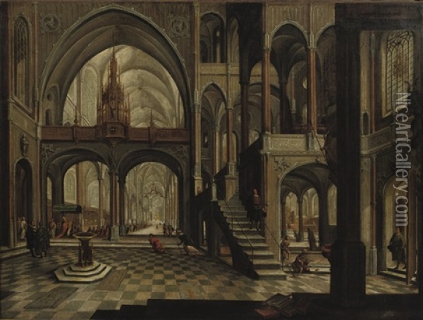 An Interior Of A Gothic Church With A Procession Moving Towards The Altar Oil Painting - Daniel de Blieck
