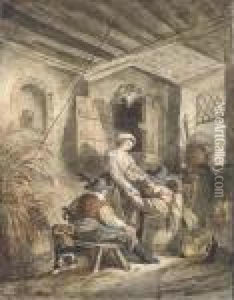 L'aubergiste Courtisee: 
L'interieur D'une Auberge Avec Deuxvoyageurs Courtisant Une Femme Oil Painting - Hubert Robert