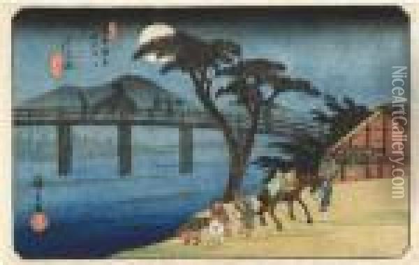 From The Series Kisokaido 
Rokujukyu Tsugi No Uchi [the Sixty-nine Stations Of The Kisokaido Road],
 Nagakubo, As Night Falls And The Moon Rises A Man Leads His Pack-horse 
Back To The Village, While Other Workers Cross The Bridge Behind Him, 
Signed  Oil Painting - Utagawa or Ando Hiroshige
