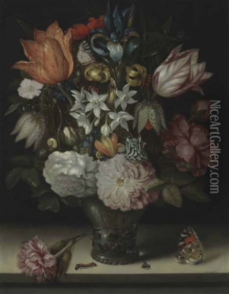 An Iris, Tulips, Narcissi, Roses And Fritillaries In A Glass Vase With Various Insects, On A Stone Ledge Oil Painting - Ambrosius Bosschaert the Elder