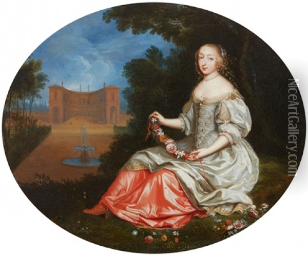 A Lady In A Park Landscape - Mademoiselle Bo Oil Painting - Pierre Mignard the Elder