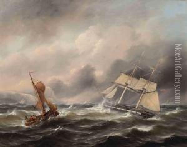 Two Boats In Stormy Weather, The Shore In The Distance Oil Painting - Govert Van Emmerik