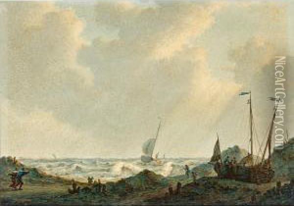 Beach Scene With Fisherfolk Near Ships On The Shore Oil Painting - Johannes Christian Schotel