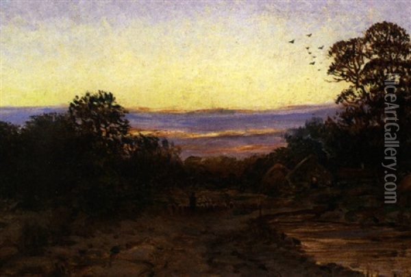 Abendliche Landschaft Mit Teich, Reetgedeckten Anwesen Und Schafrherde Auf Dem Heimweg Oil Painting - Mark Rubovics