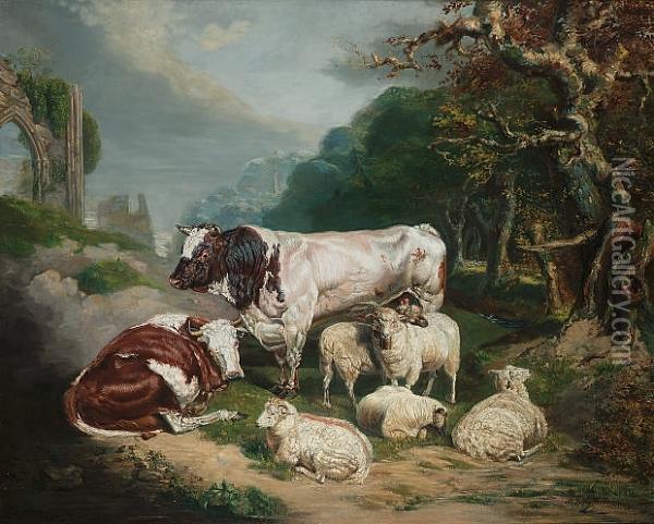 Cattle And Sheep In A Landscape Oil Painting - James Ward