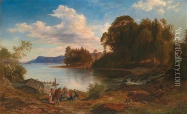 Landschaft Mit Einem See Und Einer Fischerhutte Oil Painting - Friedrich Loos