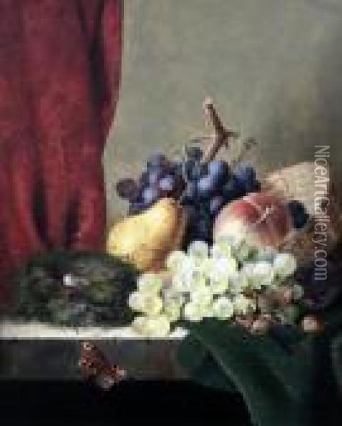 Still Life Of Grapes, Plums, A 
Pear, A Peach, Cobnuts And A Birds Nest, On A Ledge With A Butterfly Oil Painting - Edward Ladell