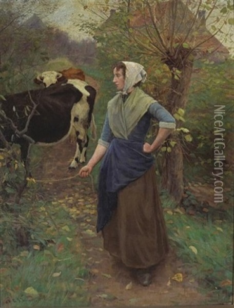 Leading The Cattle Oil Painting - Gaylord Sangston Truesdell