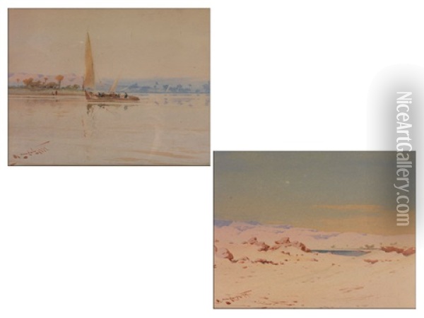 Ansicht Eines Segelbootes Auf Dem Nil Sowie Wustenansicht Oil Painting - Augustus Osborne Lamplough