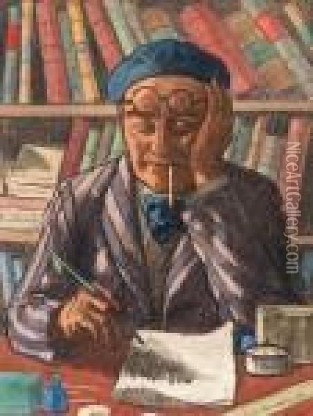 In The Library Oil Painting - Juho Vilho Rissanen