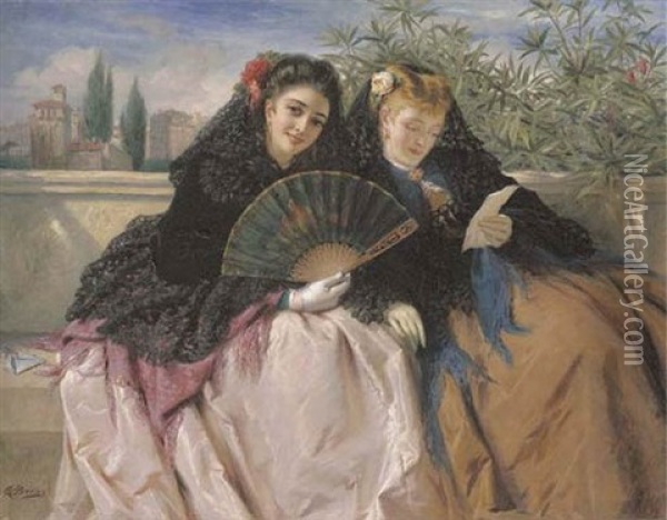 Two Spanish Ladies On A Balcony Reading A Letter Oil Painting - Edward Charles Barnes