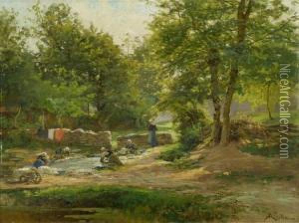 Washerwomen At The River. Oil Painting - Albert Gabriel Rigolot