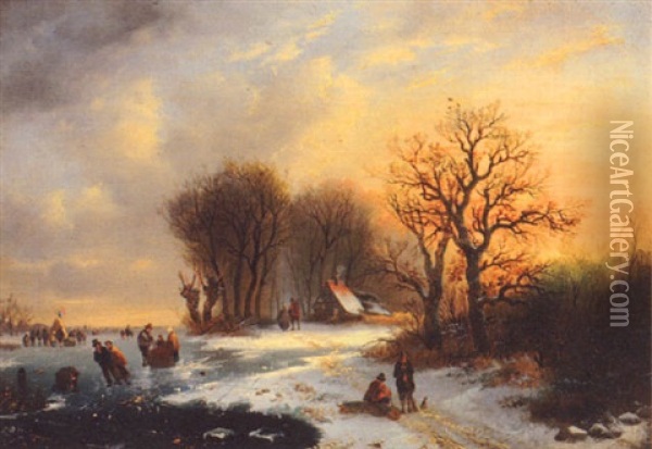 Figures In A Winter Landscape Oil Painting - Alexis de Leeuw