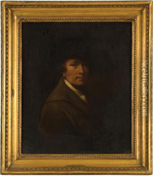 Self-portrait In A Brown Coat. Oil Painting - Josepf Wright Of Derby