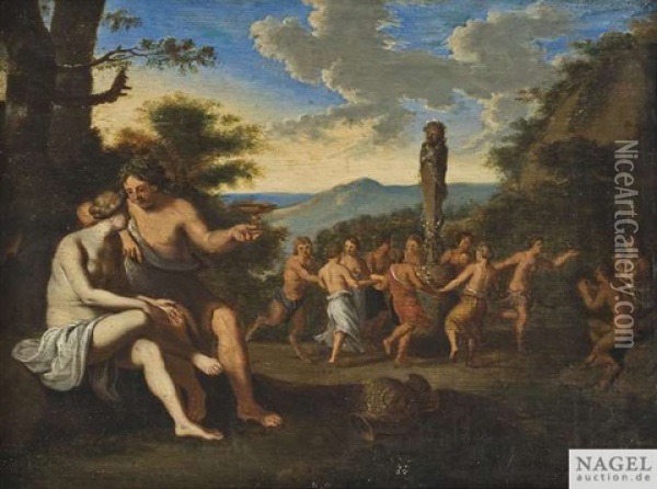 Bacchanal Mit Nymphen Und Faunen Beim Tanz Um Eine Panstatue Oil Painting - Cornelis Van Poelenburgh