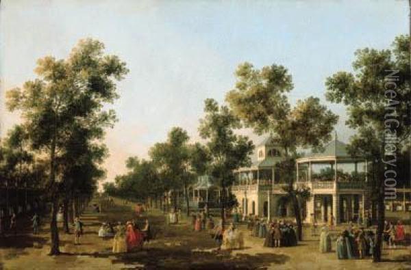 View Of The Grand Walk, Vauxhall
 Gardens, With The Orchestrapavillion, The Organ House, The Turkish 
Dining Tent And The Statueof Aurora; And The Interior Of The Rotunda, 
Ranelagh Oil Painting - (Giovanni Antonio Canal) Canaletto