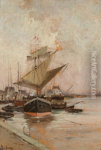 Harbour Scene With Shipping Oil Painting - Eugene Galien-Laloue