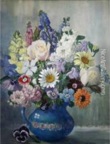 A Blue Jug Of Summer Flowers Oil Painting - Winifred Walker