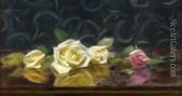 A Still Life Of Pnk And Yellow Roses Oil Painting - James Stuart Park