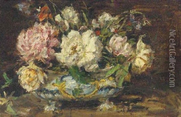 Flowers In A Blue Jardiniere Oil Painting - Mark William Fisher