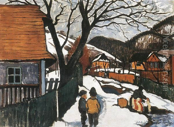 Village at Winter 1910 Oil Painting - Robert King