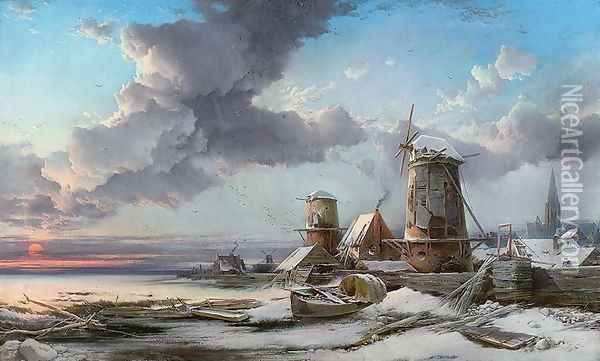 Frosty Sunrise, Leiden Oil Painting - Henry Bright